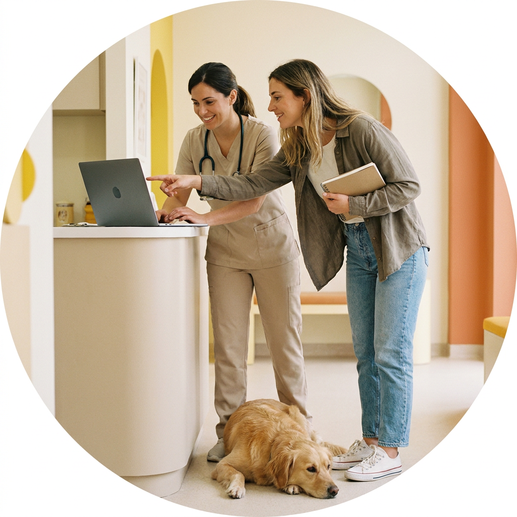 Veterinaria y consultora revisando juntas un panel de datos en un portátil dentro de la clínica