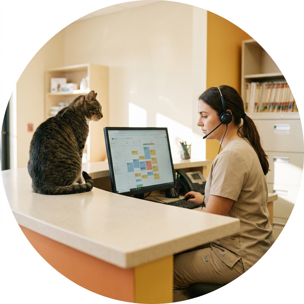 Auxiliar veterinaria con auricular gestionando la agenda de citas en el mostrador junto a un gato