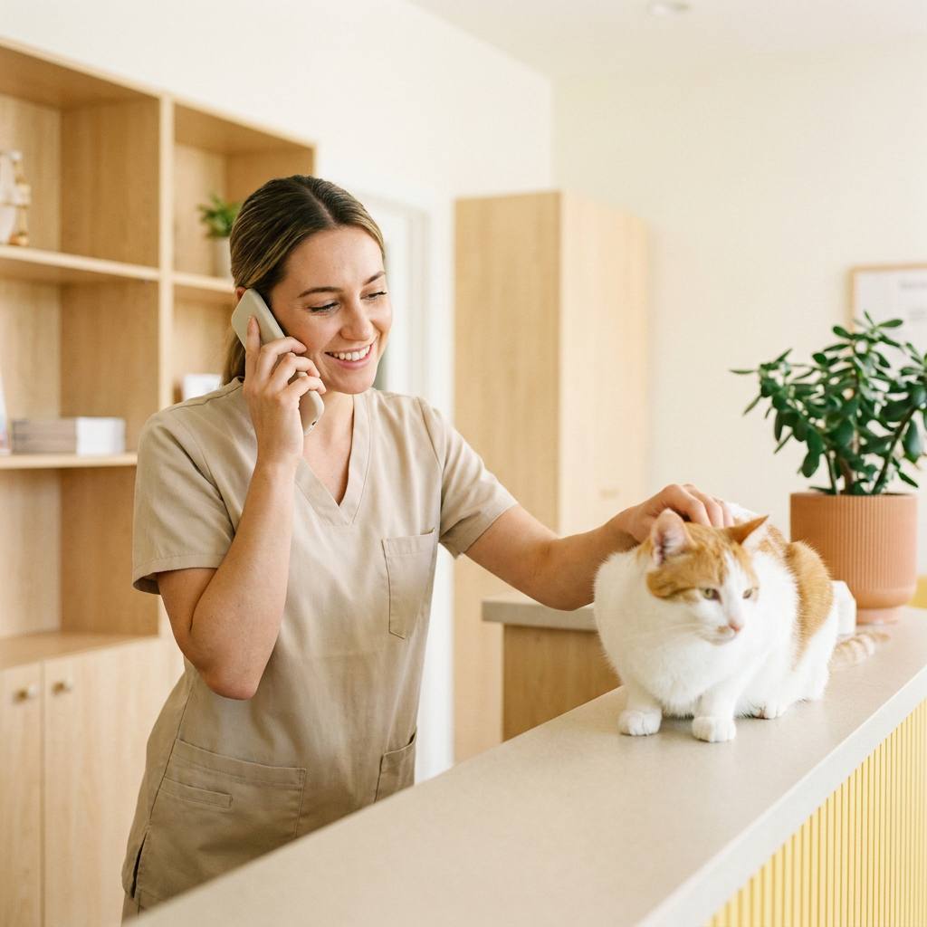 Recepcionista veterinaria atendiendo una llamada en el mostrador de la clinica junto a un gato
