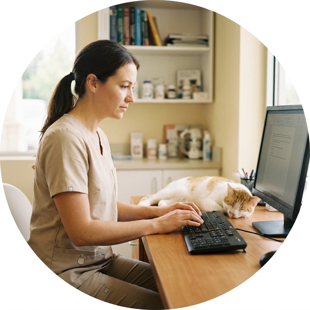 Veterinario escribiendo en el ordenador del despacho de la clinica con un gato dormido sobre la mesa