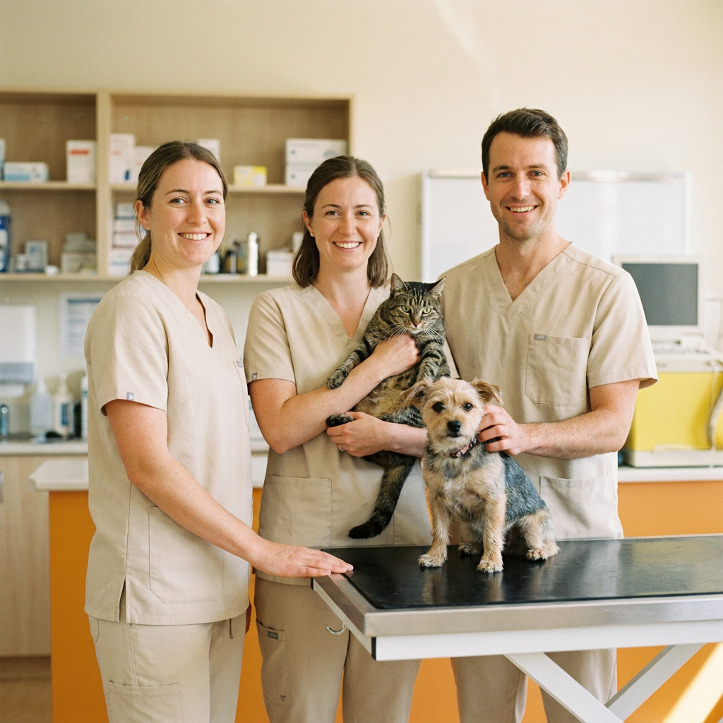 Equipo de tres veterinarios con bata sanitaria sosteniendo un gato en la sala de exploración de la clínica