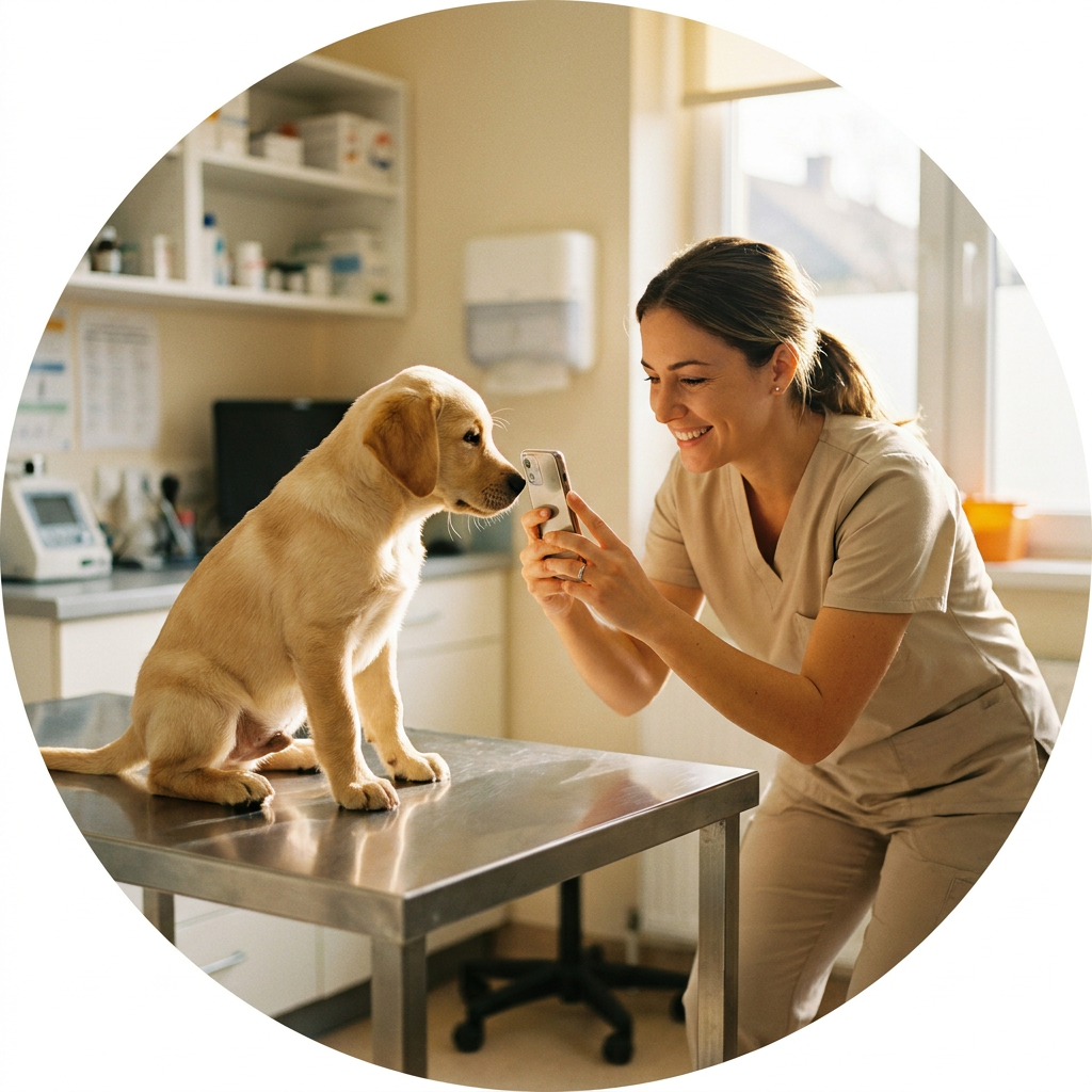 Auxiliar veterinaria fotografiando con el móvil a un cachorro sobre la mesa de exploración
