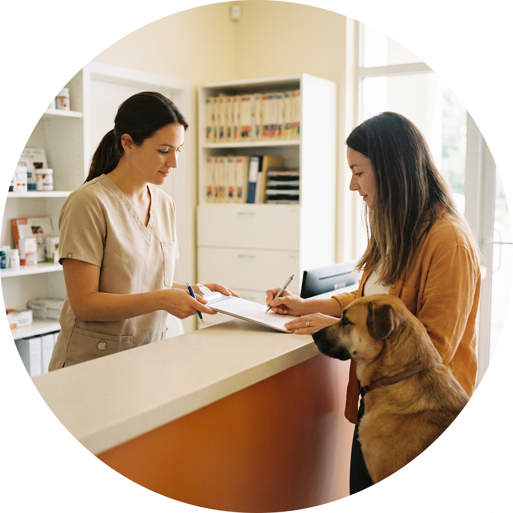 Cliente firmando un consentimiento en el mostrador de la clínica veterinaria con su perro al lado