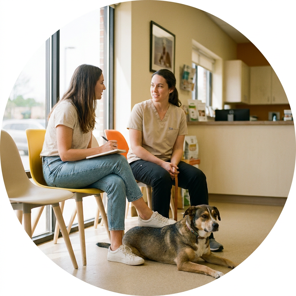 Consultora de marketing y veterinario conversando en la sala de espera de la clinica con un perro tumbado a sus pies