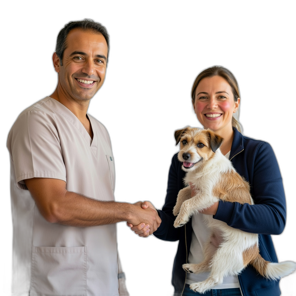 Veterinario dando la bienvenida a una clienta que llega con su perro
