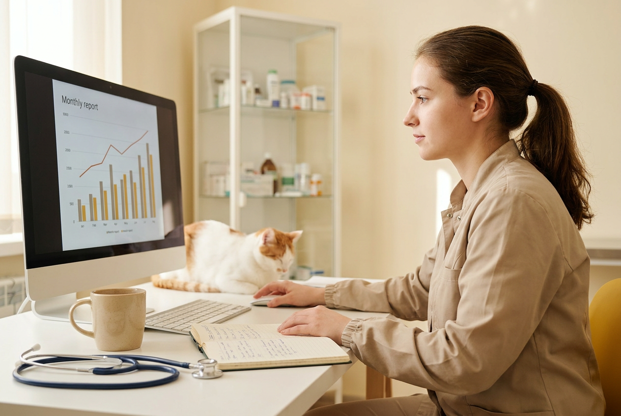 Veterinaria revisando el informe mensual en su clínica
