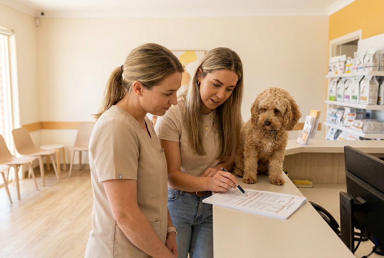 Veterinario y consultora revisando una propuesta en la clínica