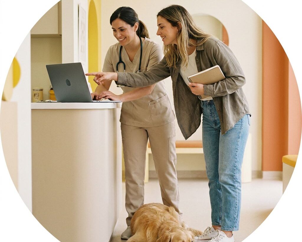 Veterinaria y consultora revisando juntas un panel de datos en un portátil dentro de la clínica