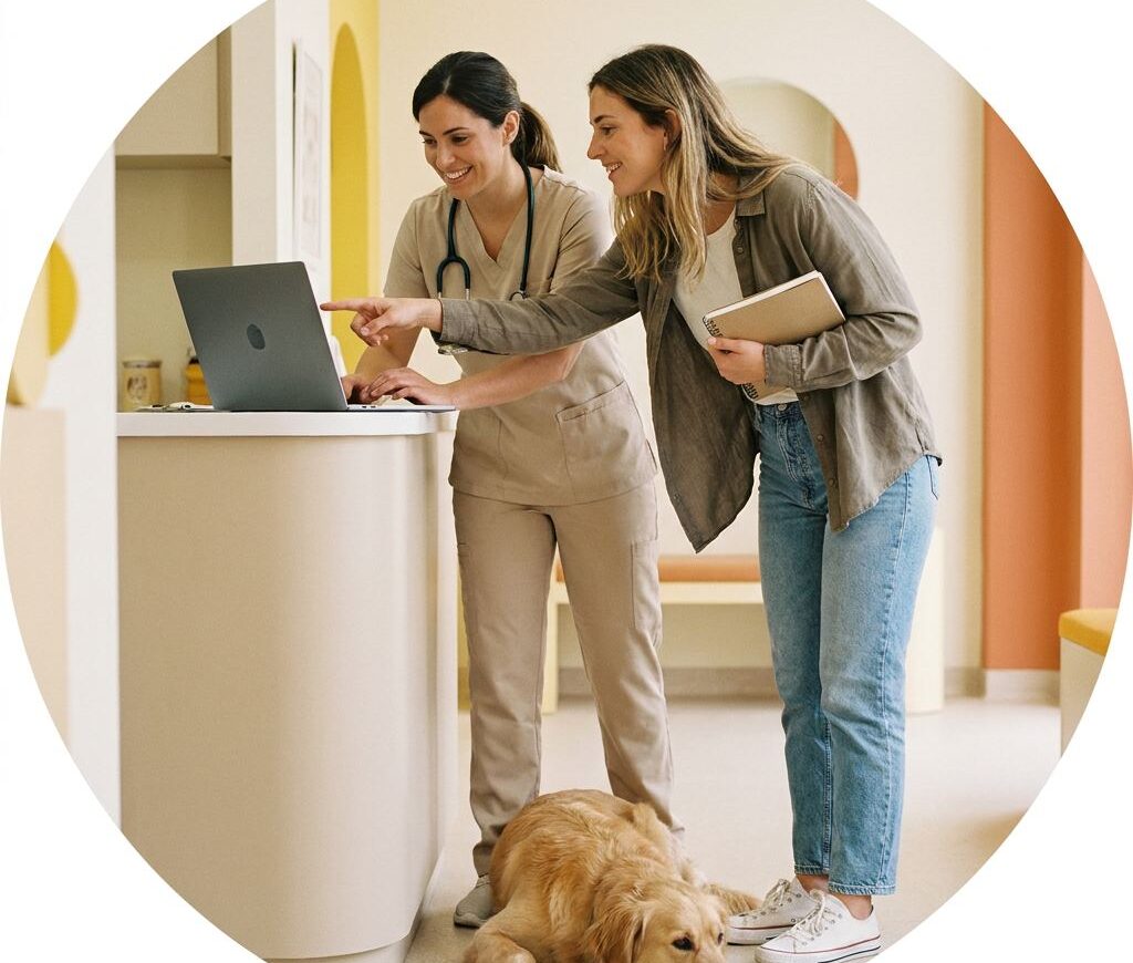 Veterinaria y consultora revisando juntas un panel de datos en un portátil dentro de la clínica