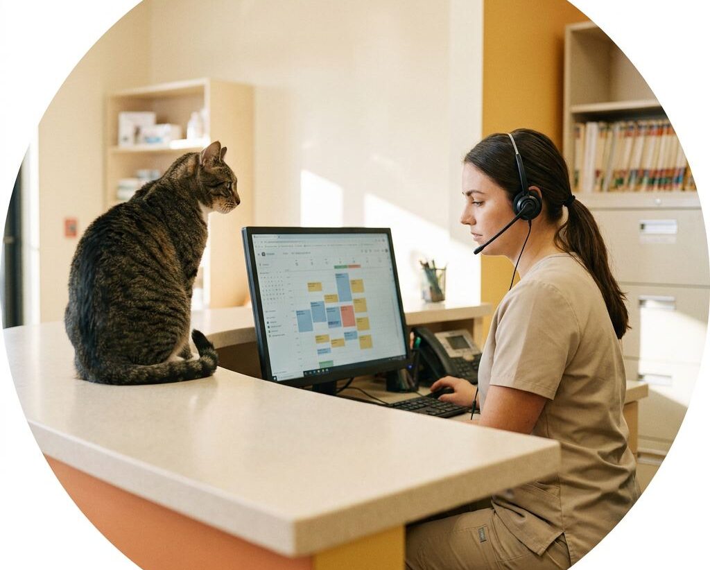 Auxiliar veterinaria con auricular gestionando la agenda de citas en el mostrador junto a un gato