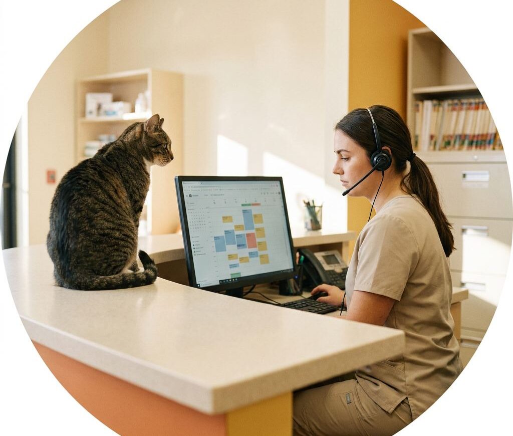 Auxiliar veterinaria con auricular gestionando la agenda de citas en el mostrador junto a un gato