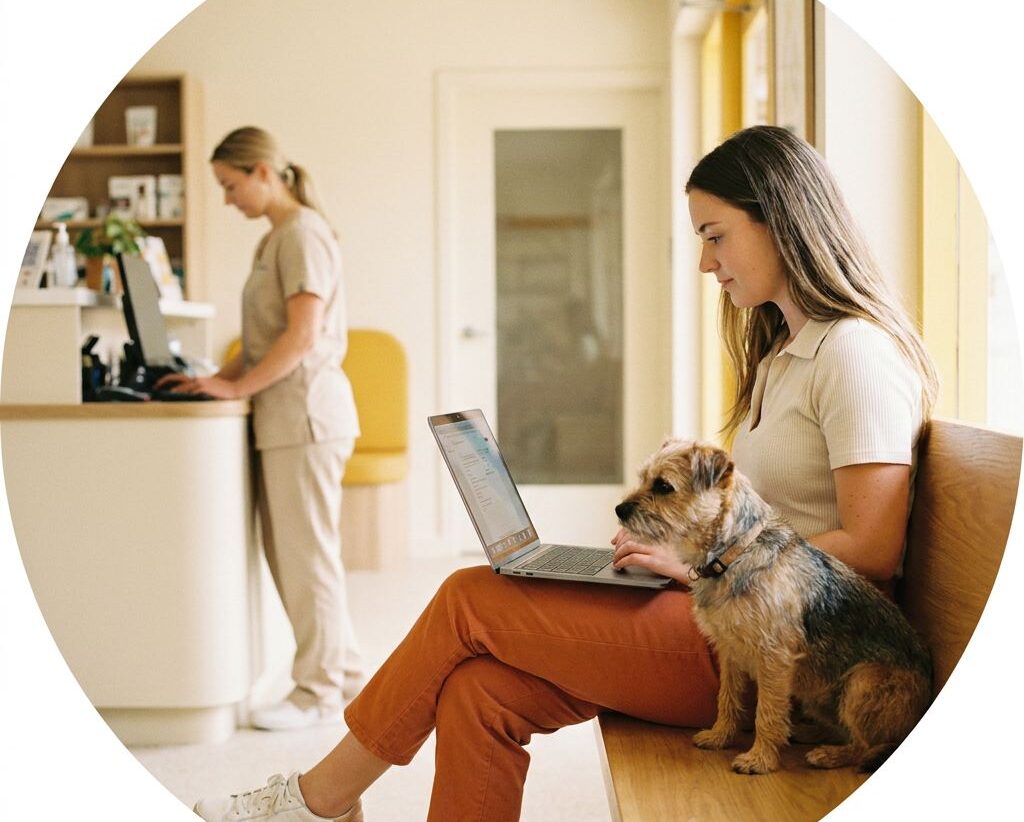 Dueña consultando un portátil en la sala de espera de la clínica con su perro al lado