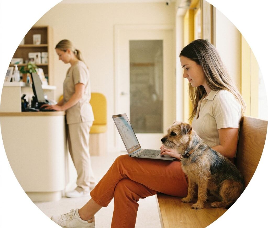 Dueña consultando un portátil en la sala de espera de la clínica con su perro al lado