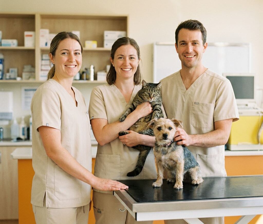 Equipo de tres veterinarios con bata sanitaria sosteniendo un gato en la sala de exploración de la clínica