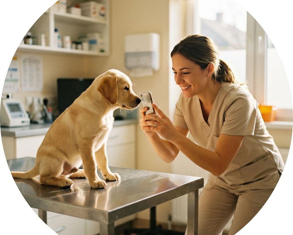 Auxiliar veterinaria fotografiando con el móvil a un cachorro sobre la mesa de exploración