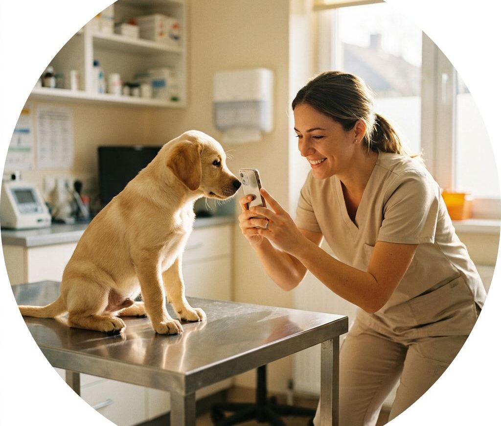 Auxiliar veterinaria fotografiando con el móvil a un cachorro sobre la mesa de exploración