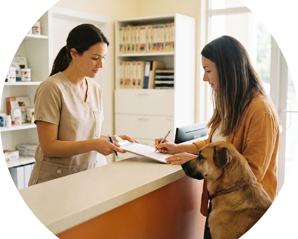 Cliente firmando un consentimiento en el mostrador de la clínica veterinaria con su perro al lado