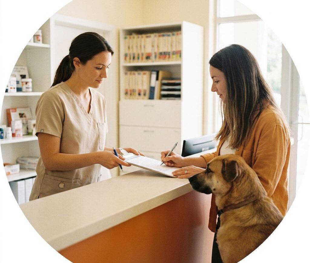 Cliente firmando un consentimiento en el mostrador de la clínica veterinaria con su perro al lado
